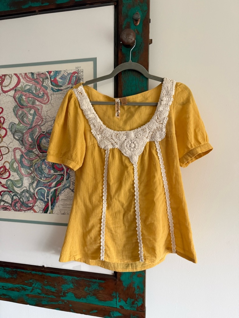 Yellow Crochet-Trim Scoop Neck Women's Top